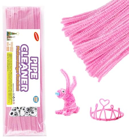 KIMMAX 100 Pfeifenreiniger Rosa Bastelset und 100 Googly Eyes -Chenilledraht 30cm- Pfeifenputzer für Kinder Basteln DIY Projekte und Dekorieren (Pink)