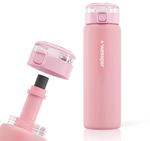 WESSPER Trinkflasche aus Glas 680ml mit Wasserfilter, BPA-frei Auslaufsicher Glasflasche mit Aktivkohle Filter, Wasserflasche mit Schraubverschluss für Gym Fitness Schule Büro - Rosa