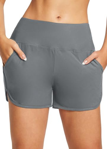baleaf Swim Shorts Womens Tummy Control High Waisted Swimming Board Shorts with Pockets Liner Quick Dry 3'' UPF 50+ Grey S