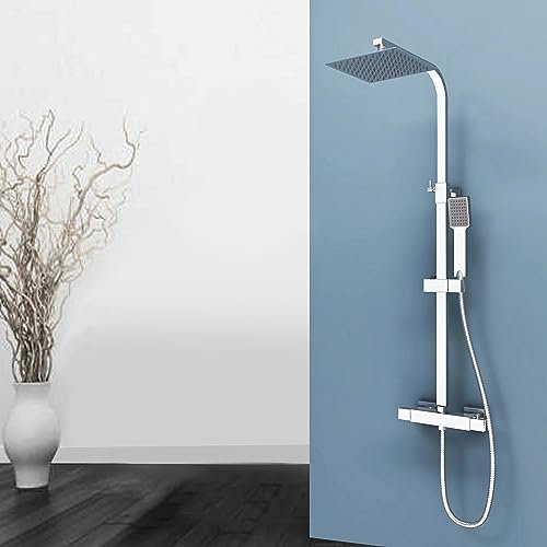 Ducha Casa Columna Ducha Termostática, Barra Regulable en Altura 80-120cm Rociador y Teleducha Cuadrados Plata, Ducha de Baño
