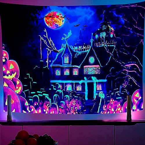 OSVINO Schwarzlicht Schloss Wandteppich 130X150CM Kürbisse Fledermäuse Mond Psychedelischer Tapisserie Halloween Ostern Neon Wandteppich für Schlafzimmer Wohnzimmer Hippie-Zimmer Dekor