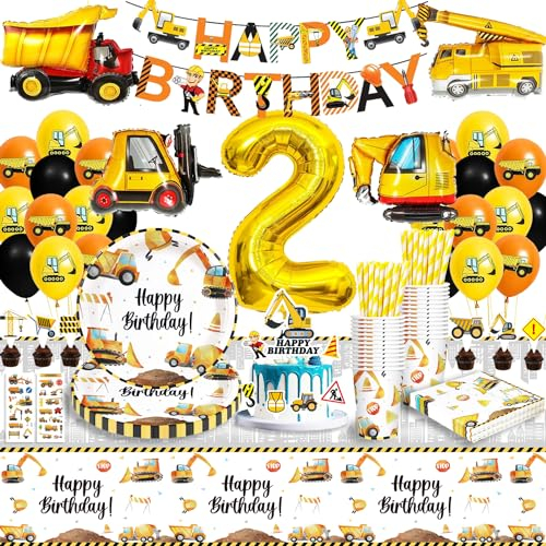 2nd Excavator Birthday Decorations, 2nd Construction Party Tableware, 2nd Construction Party Supplies, Excavator Balloons, Paper Plates and Tablecloth for Construction Birthday Decorations, 16 Guests