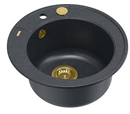 QUADRON Spülbecken Rund Spüle Küche Schwarz & Golden | Größe Ø 51 cm, Granit Granitspüle | MORGAN 210 Einbauspüle mit Hahnloch | Einbeckenspüle Einzelbecken Küchenspüle | Einzelbecken-Spüle