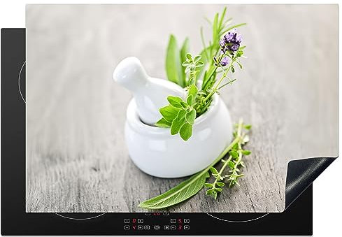 KitchenYeah© Herdabdeckplatte Einteilig Abdeckplatten Cerankochfeld Abdeckung Ceranfeld Herdplattenabdeckung Induktionsmatte Kräuter - Grün - Weiß - Gefäß - 76x51 cm