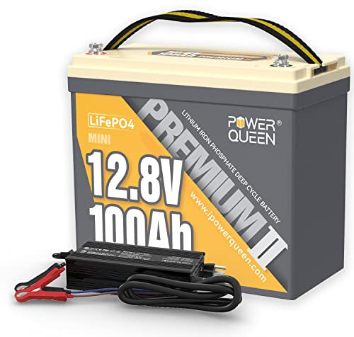 Power Queen Batterie Lithium 12V 100Ah Mini LiFePO4 Batteries 4000+ Rechargeable décharge Profond avec 14,6V 20A Chargeur de Batterie au Lithium, pour Camping Car, Caravane, Applications Ménagères