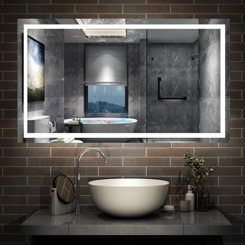 Bathroom Mirror with LED Lights, 1000x800mm Illuminated Wall Mounted Vanity Mirror, Anti-fog, 3 Colors Dimmable, Memory Function, IP44, Makeup Mirror with Backlit and Front Lights for Bathroom