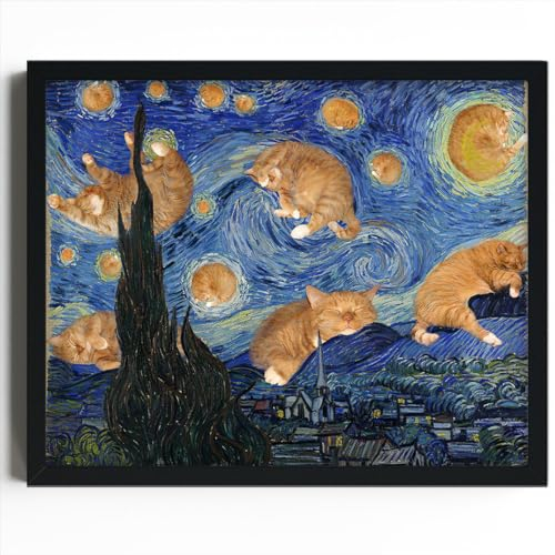 Merrleem Gerahmte Leinwand Wandkunst Katze in der Sternennacht Poster Bild Van Gogh berühmtes Gemälde für Schlafzimmer Wohnzimmer Badezimmer Dekor