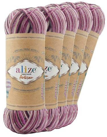 5 x 100g Sockenwolle Alize Superwash Artisan 75% Wolle Strickwolle Häkelgarn Farbwahl, Farbe:9011 Rosenblüten
