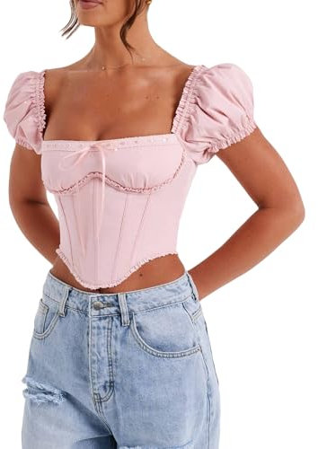 FeMereina Women's Puff Short Sleeve Tops Slim Fit Corset Crop Top Sexy Bustier Tank Top T-Shirts Tie Up Front Boned Bustier Crop Tops (Pink, M)