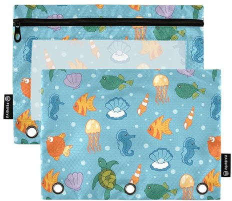Wudan Cartoon Marinei Life Puffer Fish Seepferdchen 3 Ringe Binder Bleistiftbeutel Set mit 2 transparenten Stifthaltern mit Reißverschluss Büro Organizer Zubehör, Cartoon Marinei Life Puffer Fisch