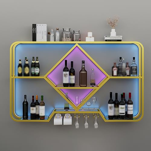 Casier à vin mural avec lumière LED, Porte-Verre À Vin Suspendu Mural pour Bar Boissons, Porte-Bouteilles et Porte-Verre à Pied pour la Cuisine, Le Restaurant, la Cave à Vin et Le Bar-Home(Color:Gold,