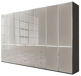 WIEMANN Drehtürenschrank mit 8 Schubkästen hochwertiger Kleiderschrank Schlafzimmerschrank 350cm breit, mit Schubladen, Glas Kieselgrau, Korpus Havanna, Höhe 216cm, Shanghai
