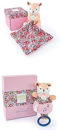 Doudou et Compagnie Lot BOH'AIME : Pantin Faon avec Doudou 12cm Beige + Boîte à Musique Faon 20cm Rose - Boîtes Cadeaux Fleur - pour Bébé Fille/Garçon - Garantie Doudou Perdu - DC4017 + DC4022
