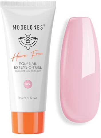 Modelones Poly Nail Gel, Hema-Free 60ML Pink Poly Extension Gel Nail Strengthener Enhancement Thickening Natural Wearing Nail Builder Overlays Gel Nail Art Home DIY Salon