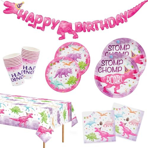 WERNNSAI Dinosaur Party Decorations - 98 Pcs Dinosaur Birthday Party Supplies for Girls Dino Birthday Banner Dinner Dessert Plates Napkins Cups Tablecloth Set Dino Pink Tableware for 24 Guests