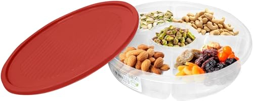 Vanorell Snack Aufbewahrungsbox Süßigkeiten Box mit Deckel für Nussbonbons Trockenfrüchte Lebensmittel Obstbox Trockenobstbehälter geteilte Serviertabletts Teller Schalen (ROT)
