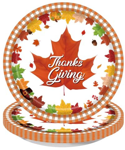 Thanksgiving Fall Leaf Paper Plates Autumn Maple Leaves Orange Plaid Disposable Dessert Plates 7 Dinnerware Dinner Plate Tableware for Fall Harvest Birthday Wedding Thanksgiving Party Supplies 24Pcs
