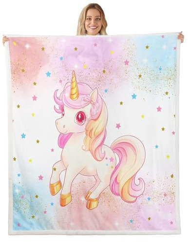 Homewish Couverture 150x200cm Licorne Fleurie pour Princesse Fille, Plaid Canape Enfant Pastel Rose Bleu Aquarelle, Couverture Polaire Licorne pour Anniversaire, Jetés de Lit Licorne