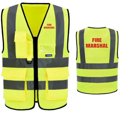 AYKRM Warnweste mit reflektierenden Streifen mit Reißverschluss und Tasche, Gelb-Firemarshal, XS