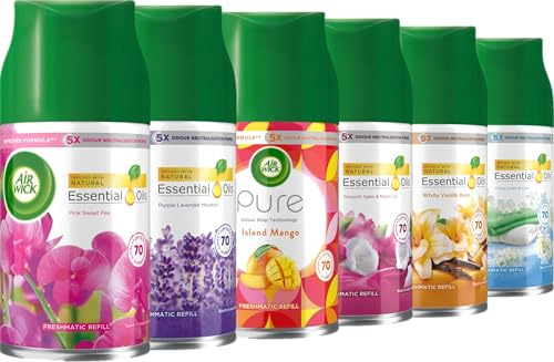 Air Wick Automatic Air Freshener Freshmatic Spray Refills: Crisp Linen & Lilac, Island Mango, Pink Sweet Pea, Purple Lavender Meadow, Satin & Moon Lily, White Vanilla Bean - Mixed fragrance 6 x 250ml