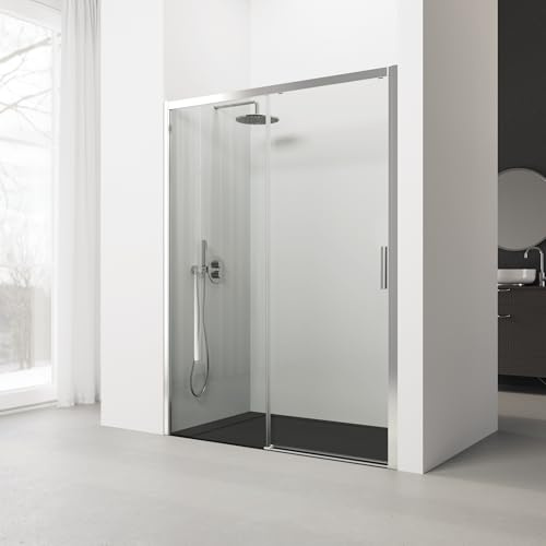 REALSHOWER Mampara de Ducha Corredera Medidas (156 a 160) x 195 cm | Ancho Ajustable, Frontal - 2 hojas: 1 fija, 1 Con Rodamientos - Vidrio 6 mm, Reversible - SERIE 300F - Perfil Plata Brillo
