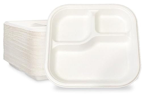 Compostable Squar White Paper Plates, 24Cm, 3 Compartments, Heavy Duty, 25-Pack | Sugarcane Bagasse Dinner Plates | Eco Friendly Biodegradable Microwave Safe Party Plates (25)