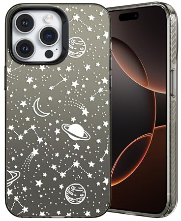 ZTOFERA Silver Aesthetic Phone Case for iPhone 16 Pro Max, White Sky | Glossy Hard PC Back Silicone Bumper Case, Stylish Planet Star Moon Pattern, Slim Shockproof Protective Cover