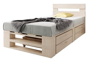 Lermowood Palettenbett M2 aus Holz 100 x 200 cm Natur mit Kopfteil und 2 Bettkästen Holzbett 40cm Stabiles Seniorenbett Kinderbett Jugendbett Gästebett erhöhtes Bettgestell Futon Komforthöhe Naturholz