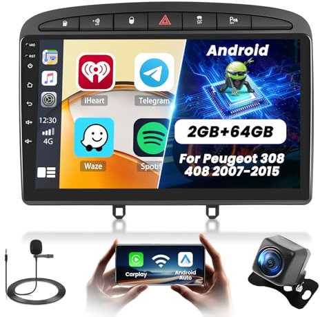 [2+64G] Android Radio de Coche para Peugeot 308 408 2007-2015 con Inalámbrico Carplay Android Auto, 9 Pulgadas Pantalla Táctil Radio con WiFi/Bluetooth/GPS/Cámara de Marcha Atrás/FM/SWC/26UI