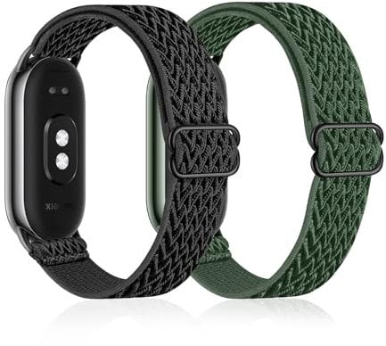 KUKUPOW 2 Stück Elastisches Armband Kompatibel mit Xiaomi Smart Band 8, Nylon mi Band 8 Armband, Damen Herren, Einstellbare Ersatzarmband für Xiaomi Mi Band 8(Schwarz + Dunkelgrün)