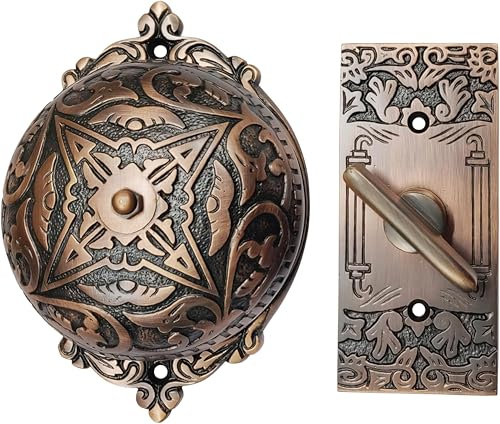 A29 Victorian Twist Doorbell, Antique Copper Finish Mechanical Chime, Solid Brass - Vintage Doorbell for Homes with Manual Hand Turn Chime, Decorative Classic Design, No Wiring, Easy DIY Install