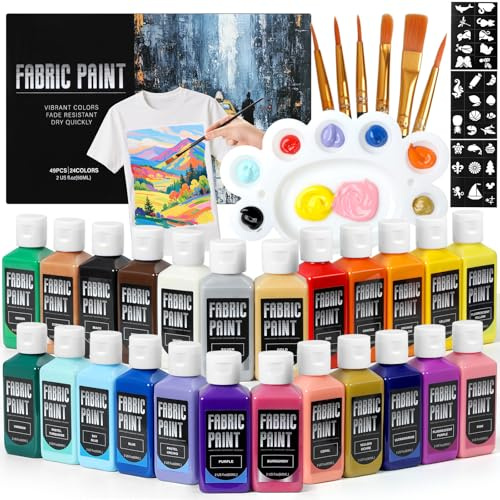 TMOL Waschmaschinenfest Textilfarben Set – 24 leuchtende Farben in Flaschen (je 60 ml/2 oz), ungiftige Stoffmalfarben mit Pinseln & Schablonen, Textilfarbe für Kleidung & DIY & Kunst
