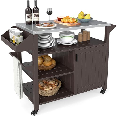 GYMAX Grillwagen mit Rollen, Grilltisch mit Edelstahlplatte, Regalen, Schränken & Handtuchhaltern, mobiler Gartenwagen, Outdoor Servierwagen für BBQ & Camping & Party, braun