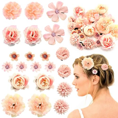 Satiskid Haarspangen aus Seidenstoff, Blumen-Haarspangen – realistische 3D-Rosen-Haarnadeln für Frauen, mehrere elegante Designs, Boho-Stil, Hochzeit, Strand, Party, Haarschmuck (hellrosa Serie), 21