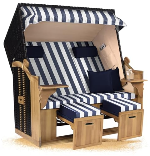 Strandkorb Hanse Ostsee Royal XXL 2,5 Sitzer Volllieger, 150 cm breit, Wacholderholz, Geflecht Schwarz, fertig montiert, 2 Schwenktische, Fußstützen, Bezug Blau Weiß Blockstreifen