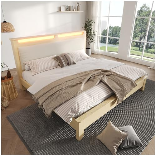 Wyibwy Doppelbett 160 x 200 cm, Kopfteil mit Stauraum, LED-Beleuchtung und Rückenlehne aus Cord in Beige, Holzbett, Farbe Eiche hell (ohne Matratze)