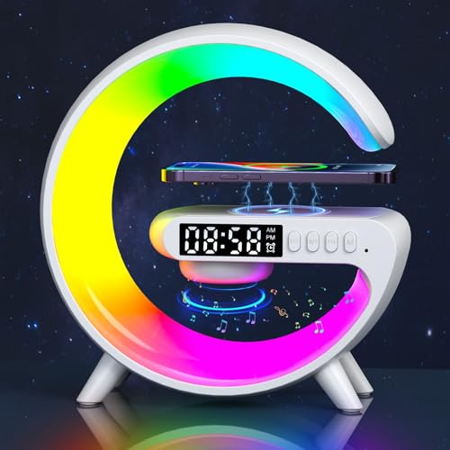 Bluetooth Nachtlicht Lautsprecher, G Light Lampe mit kabellosem Ladegerät, 6 Modi, mehrfarbiges, dimmbare Nachttischlicht, Wecker, kabelloser Lautsprecher mit Lichtern Steckdose, für Erwachsene