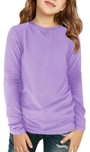 Haloumoning Chemise à manches longues d'automne unie pour fille | Col rond, couleur unie, léger, sport, automne, basique, école, t-shirt décontracté, vêtements pour enfants