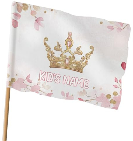 Personalisierte Kinder Flagge mit Namen Prinzessin Krone | Niedliche Motive für Mädchen | Größen wählbar klein oder groß | 2 Montageoptionen (Ösen oder Tunnel) | geeignet für Garten, Spielturm [164]