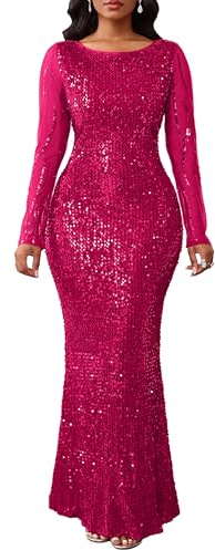 VERWIN Women's Sequins Dress Bodycon Dress Round Neck Long Sleeve Sparkly Mermaid Maxi Dress Casual Party Cocktail Dress