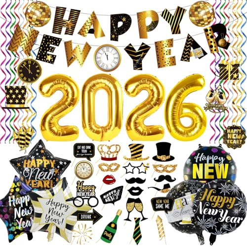 Silvester Deko 2026, 48 Stück Silvester Deko 2026 Party Set mit Banner Spirale Silvester Foto Requisiten Luftschlangen, Neujahr Deko für Kinder und Erwachsene Silvester Party Dekoration Geschenke