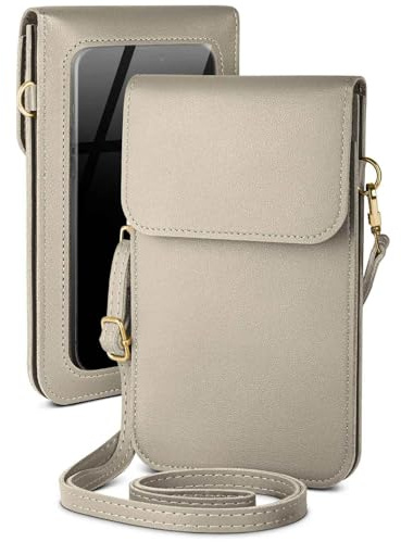 moex Handytasche zum Umhängen für iPhone 17 Pro kleine Handtasche mit Handyfach und Sichtfenster, 2 extra Fächer Mini PU Leder Handy Umhängetasche Damen CitySling, Grau