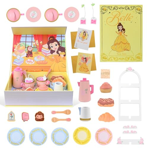 Disney Princess Belle Wooden Tea Set for Kids – 31 Pieces Pretend Tea Party Playset with Book Storage Box, FSC Wooden Tea Toys, Portable Princess Gift for Girls Age 3+ Wooden Pretend Play Tea Toy Set