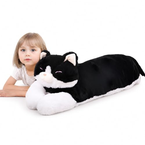 Dalmao XXL Schwarze Katze Stofftier 100 cm, Langes Katzen Plüschtier Körperkissen, Großes Schlafkissen zum Kuscheln, Weiches Langkissen, Festtagsgeschenk für Kinder und Erwachsene