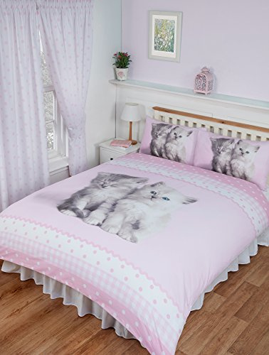 Double Bed Misty & Mac, Rachael Hale Duvet/Quilt Cover Bedding Set Fully Reversible, Cute Kitten Cats Polka Dot Gingham Ribbon Print Border, Pink White