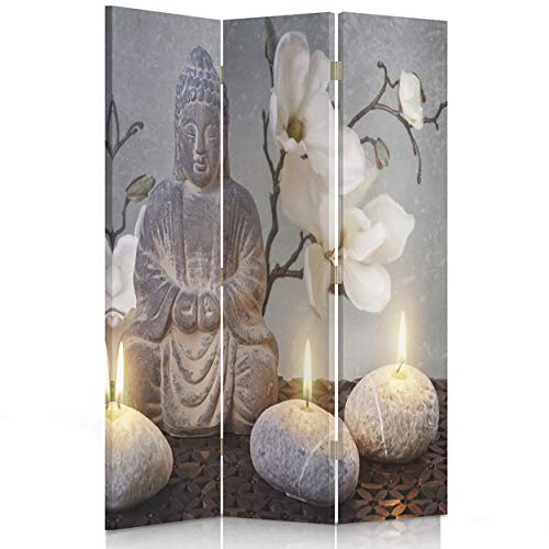 Feeby Paravent Buddha Zen-Kultur 110x180 cm 3 Teilig Modern Design einseitig Raumteiler Wandschirme Foto Trennwand Raumtrenner Sichtschutz Spanische Wand auf Leinwand Bedruckt Kerzen Blumen