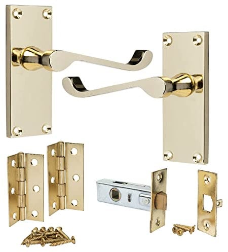 IRONZONE® A Pair of Victorian Scroll Lever Latch Door Handles Polished Brass Hinges & Latch Pack, for Internal use on Residential or Commercial Projects,