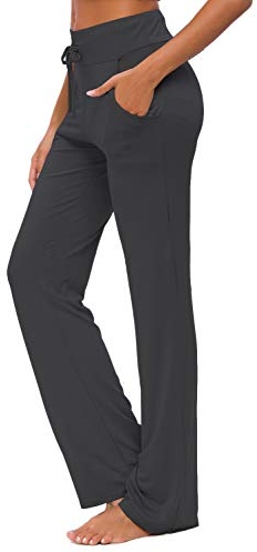 OURCAN Damen Yoga Hose Mit Taschen Breites Bein Kordelzug Lose Gerade Lounge Laufen Workout Modale Hose Aktive Freizeit Jogginghose (Schwarz, M)