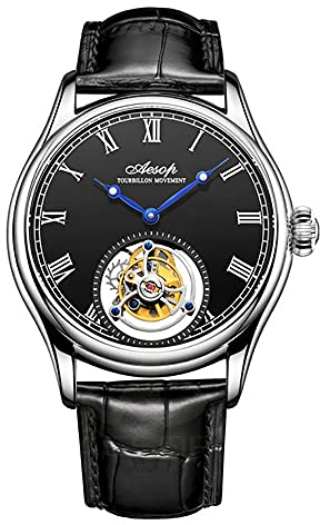 Aesop Herren Mechanische Tourbillon Uhren Handaufzug Skelett Armbanduhren Analog Saphirglas Edelstahl 50M Wasserdicht Klassische Luxus Business Uhr für Herren(Silber und Schwarz)