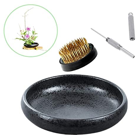 Japanisches Ikebana-Vasen-Set, flache Blumenbehälter, Keramik, Ikebana-Vase mit 4 cm Blumenfrosch und Blumenfrosch, Floristik, Kenzan-Nadel, Glättungswerkzeug (Frostschale A mit Punkten)